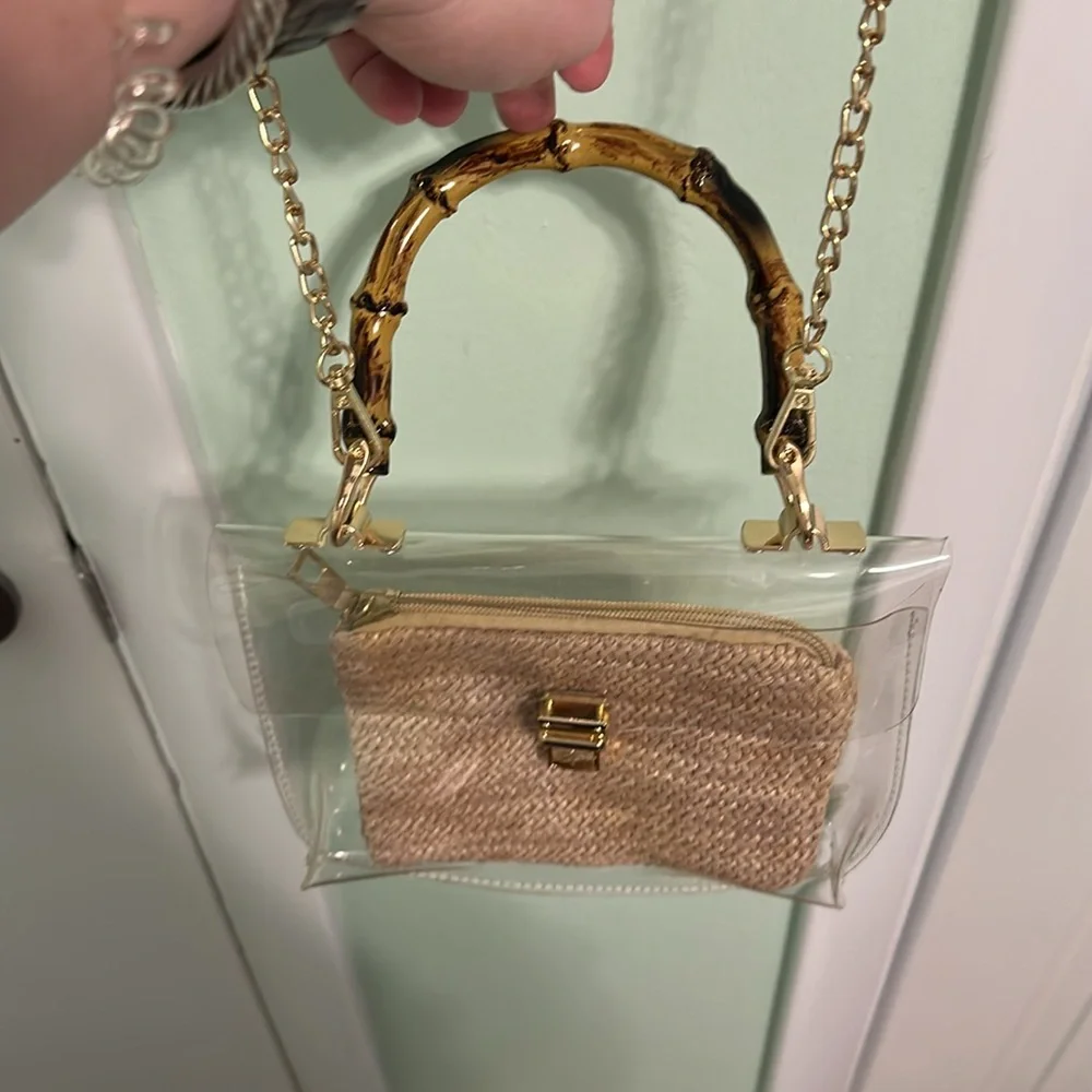 Clear stadium handbag featuring straw pouch, bamboo-look handle and chain strap. - Picture 8 of 9